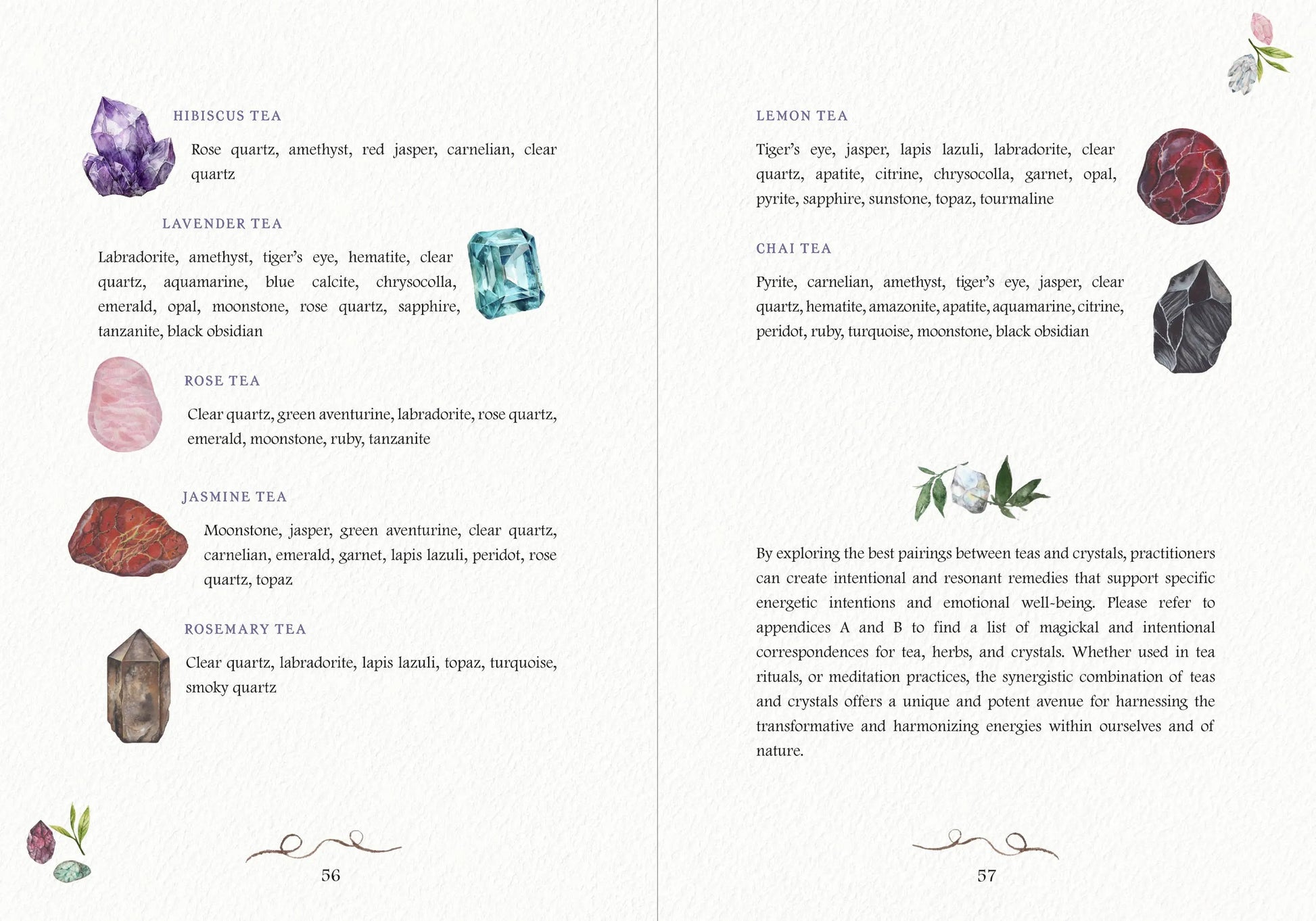 Open book showing pages with tea and crystal pairings on a white background