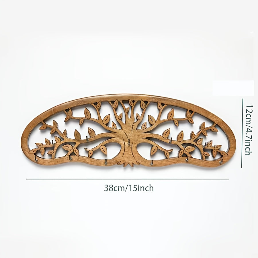 Wooden wall art with tree design and measurements on a white background