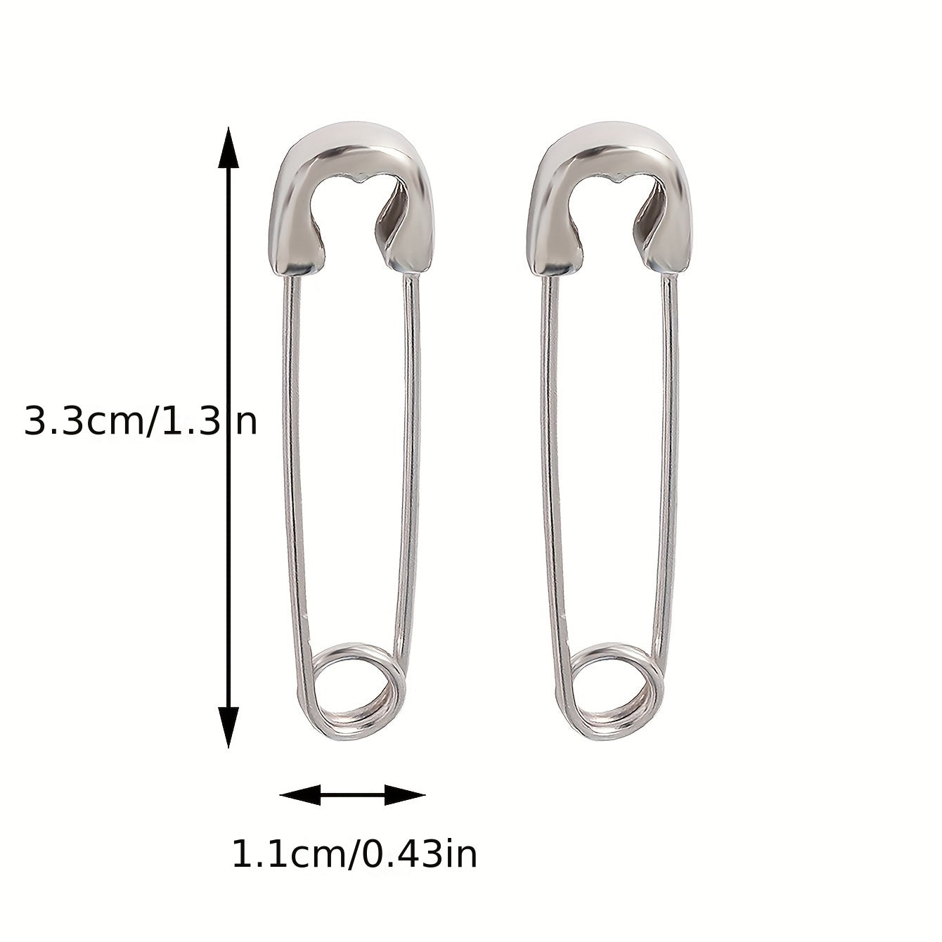 Silver-plated safety pin hoop earrings with size measurements on white background.
