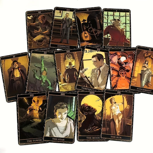 Collection of monsters tarot cards with various illustrations on a white background