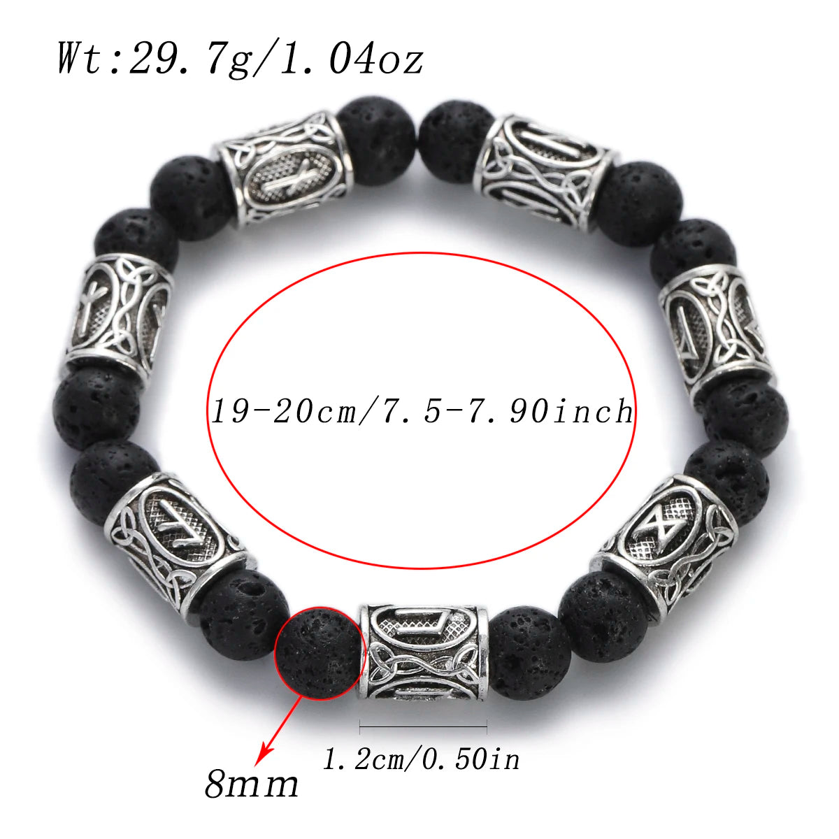 Black beaded bracelet with silver metal beads and measurements on a white background