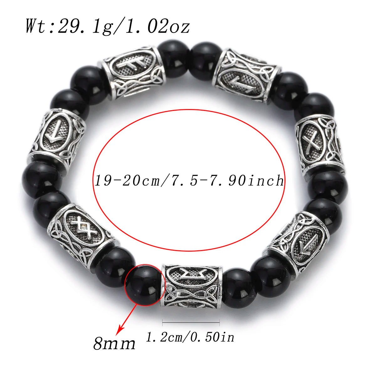 Black beaded bracelet with silver embellishments on a white background, showing measurements.