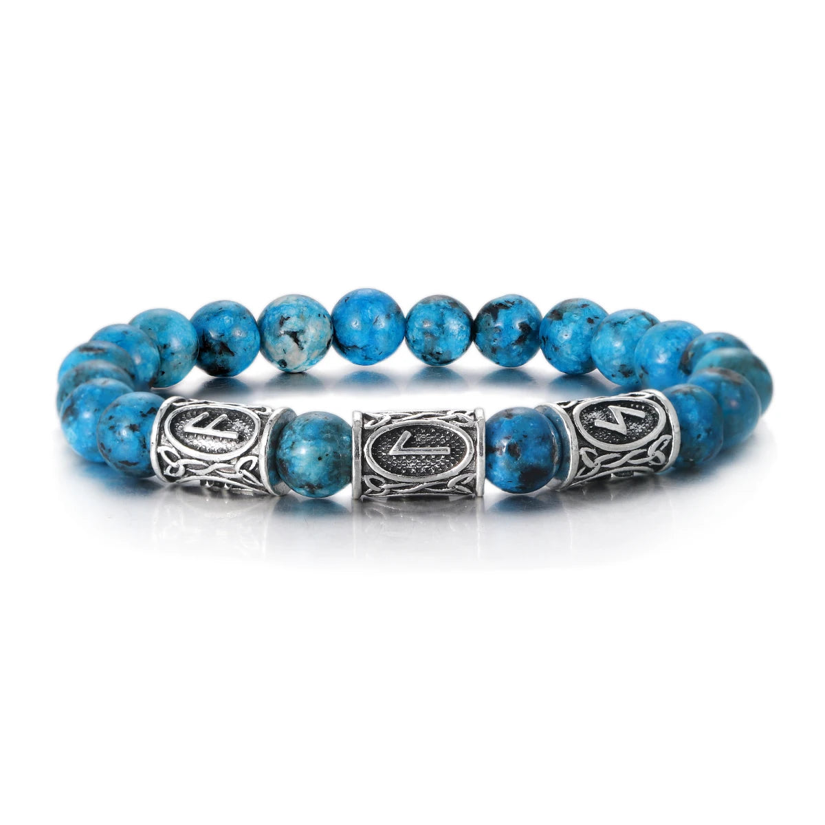 Blue beaded bracelet with silver metal clasp on a white background