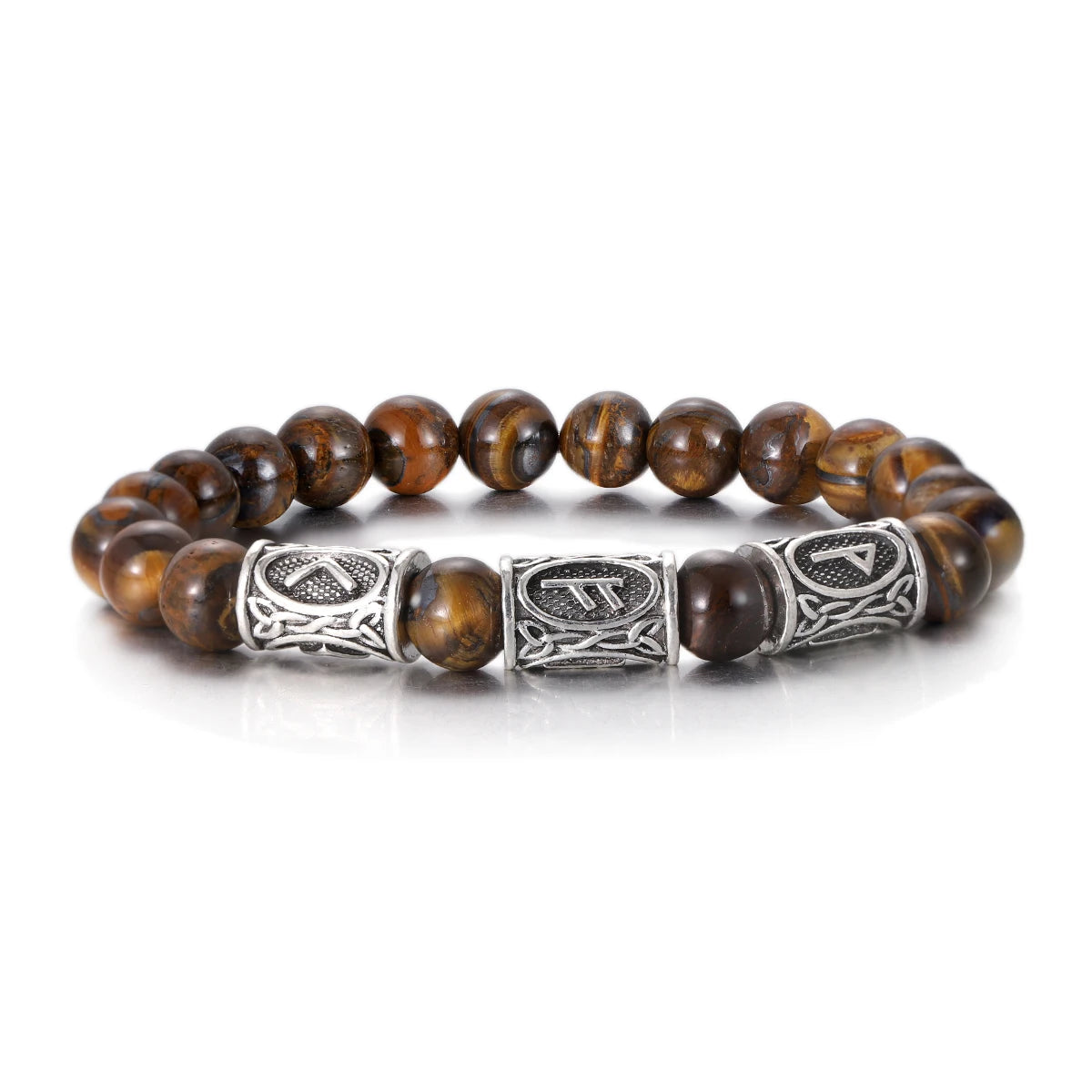 Brown beaded bracelet with silver metal elements on a white background