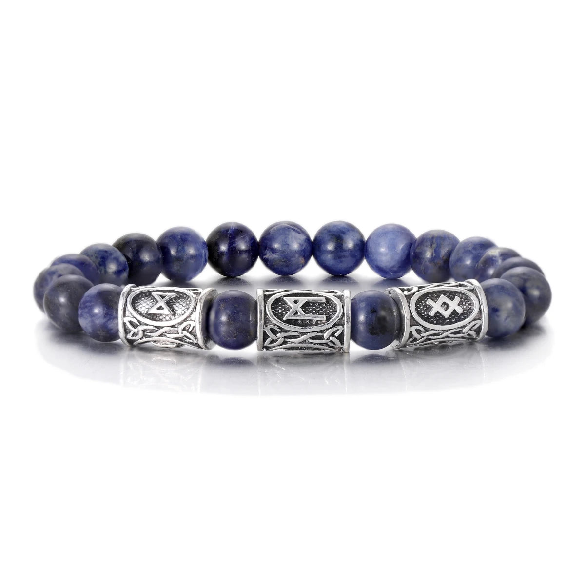 Blue beaded bracelet with silver metal beads on a white background