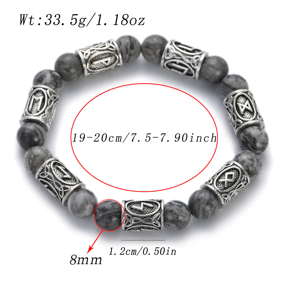 Bracelet with gray beads and silver patterns, showing measurements on a white background.