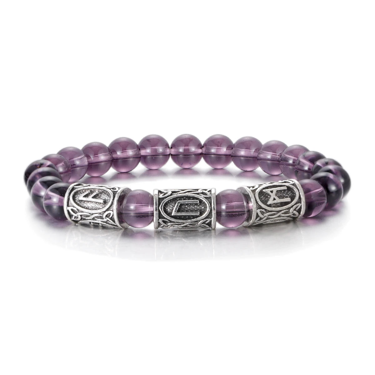 Purple beaded bracelet with silver accents on a white background