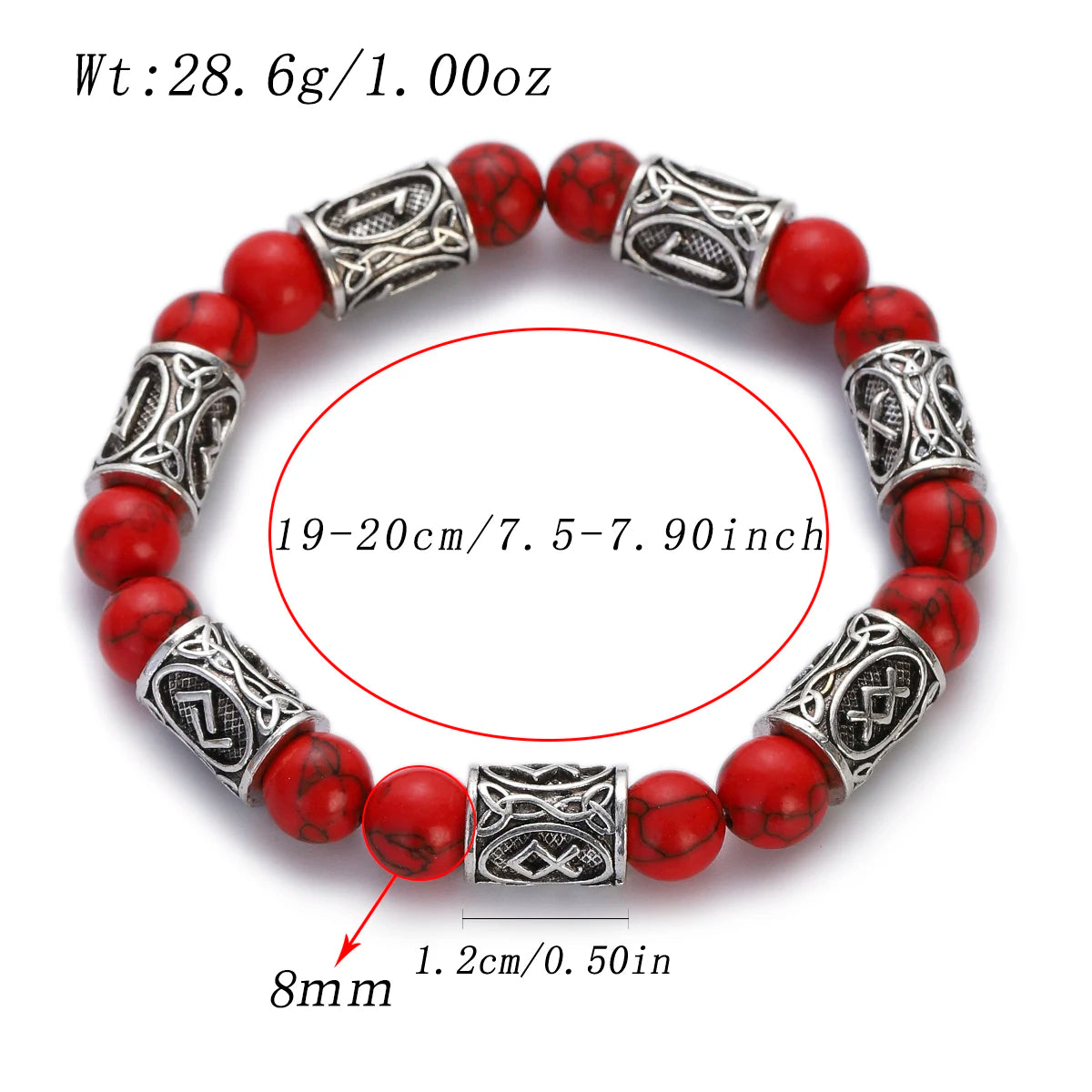 Red beaded bracelet with silver metal clasps on a white background, showing measurements.