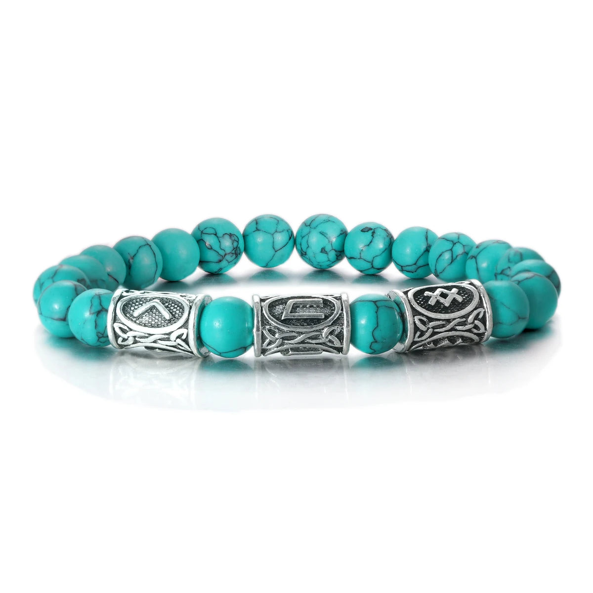 Turquoise beaded bracelet with silver metal elements on a white background