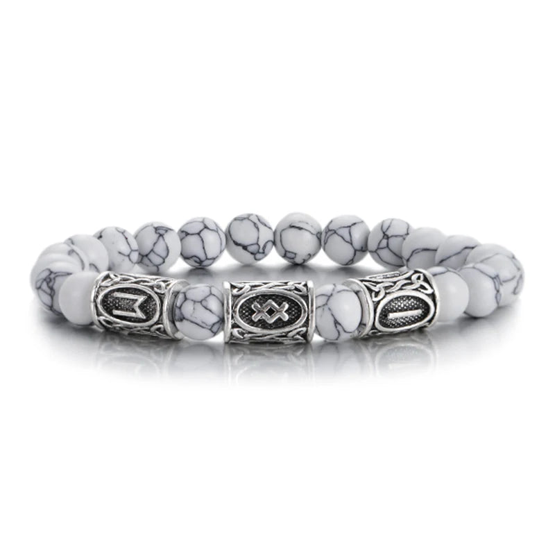 White marble beaded bracelet with rune metal spacer accents.