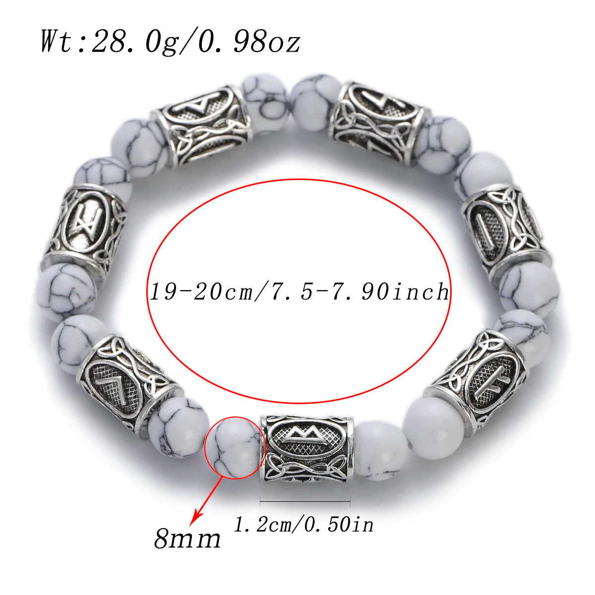 White beaded bracelet with silver metal elements on a white background