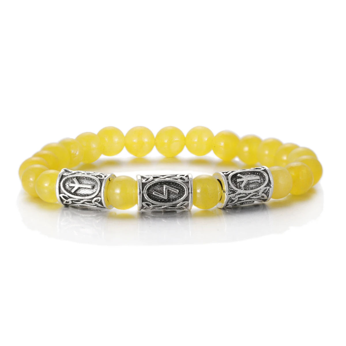 Yellow beaded bracelet with silver metal beads on a white background
