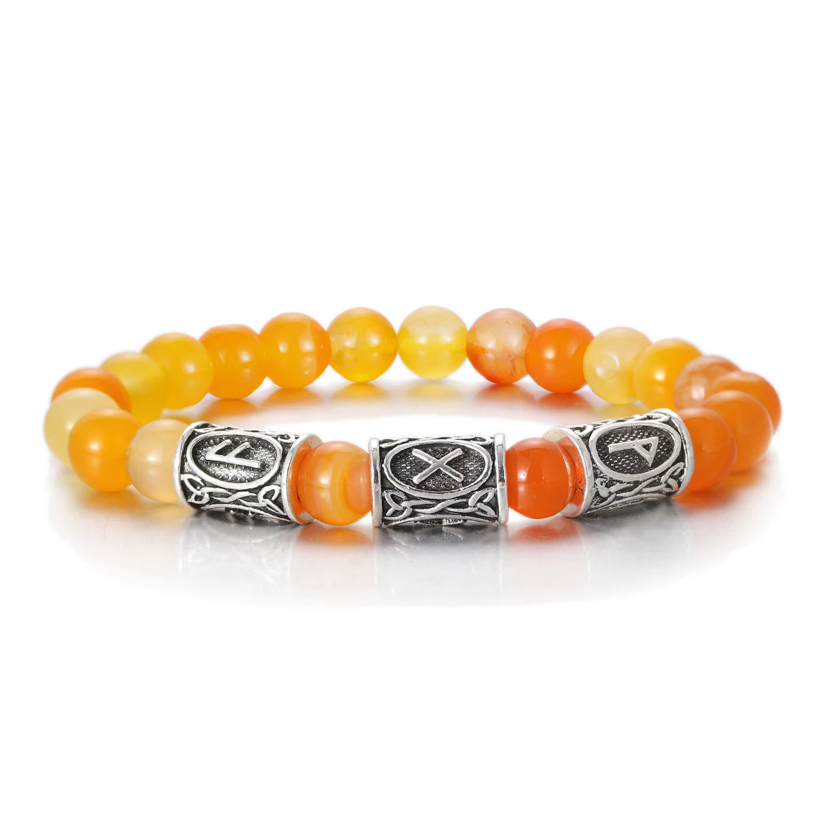 Beaded bracelet with orange and yellow beads and silver metal accents on a white background