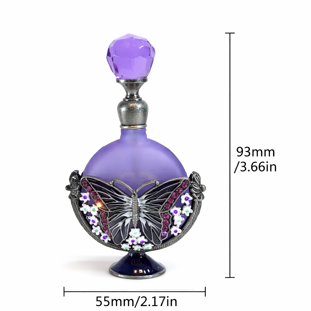 Purple perfume bottle with butterfly design and measurements on a white background