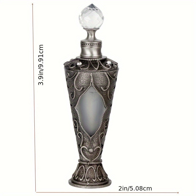 Refillable vintage inspired glass perfume bottle with dimensions shown on a white background. Great for vanity decor