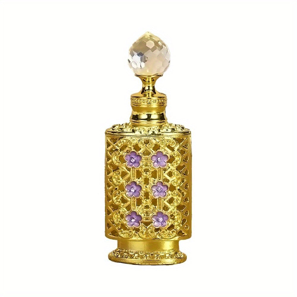 Vintage inspired gold filigree perfume bottle front view decorative detail on a white background.
