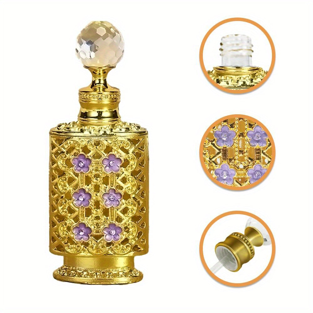 Vintage inspired gold filigree perfume bottle front view decorative detail
