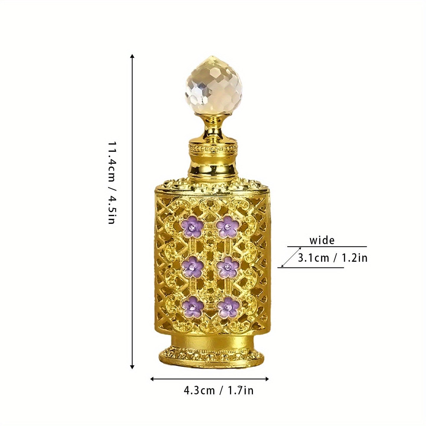 Vintage inspired gold filigree perfume bottle with size reference
on a white background.