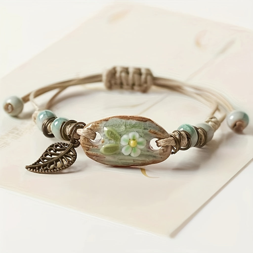 Vintage Leaf Adjustable Braided Pendant Bracelet Handmade Ceramic Detail main display
