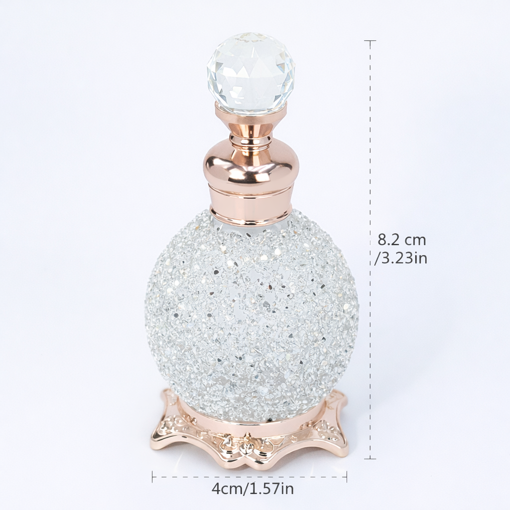 white vintage style rhinestone glass perfume bottle with size dimensions and round silhouette on a white background.
