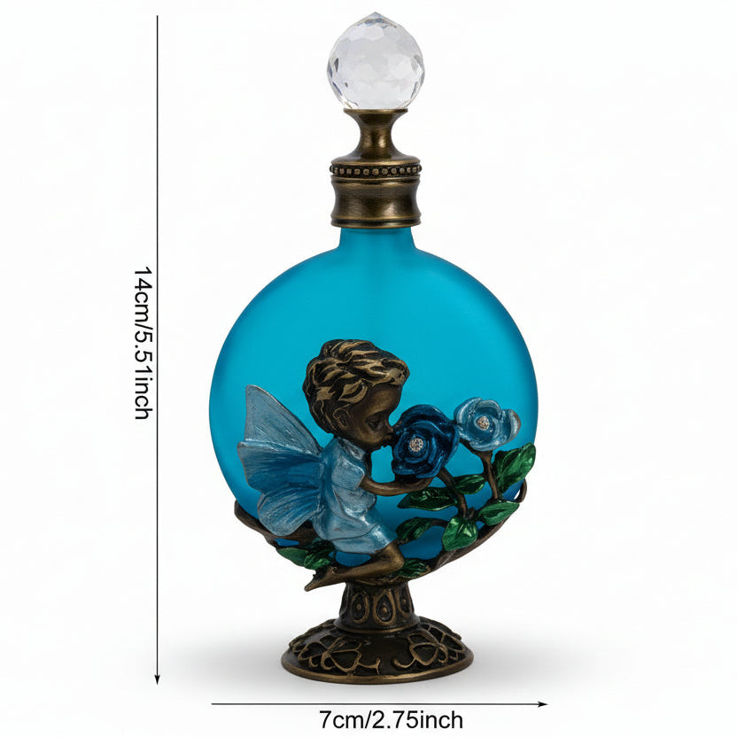 Vintage style blue rose glass perfume bottle with raised rose pattern and blue glass finish dimensions on a white background.