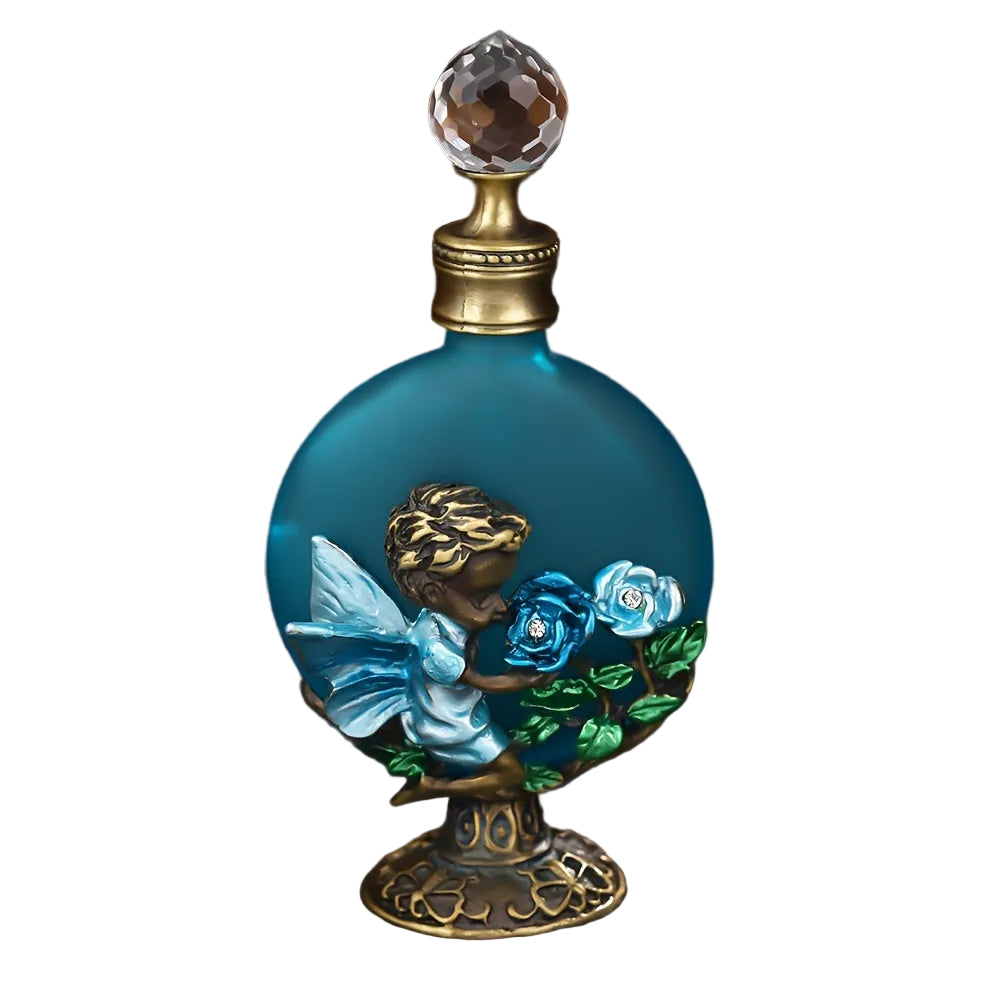 Vintage style blue rose glass perfume bottle with crystal stopper and decorative base on a white background.
