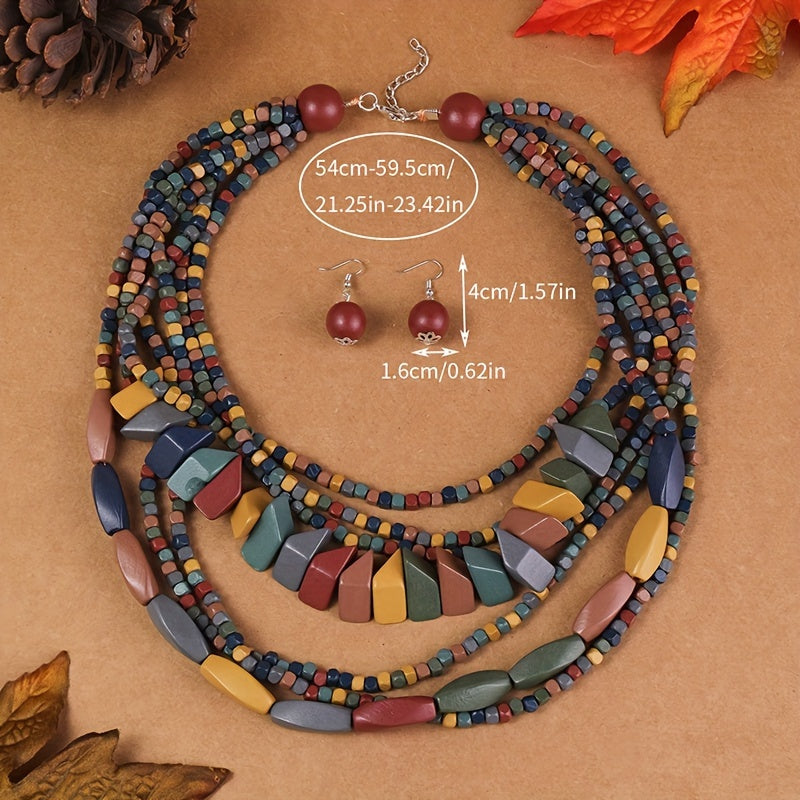 Colorful beaded necklace and earrings on a brown background with measurements displayed.