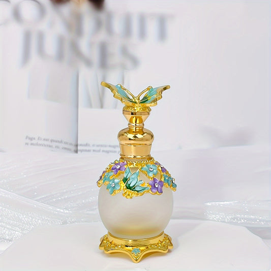 Vintage style glass perfume bottle with butterfly stopper on white surface.
