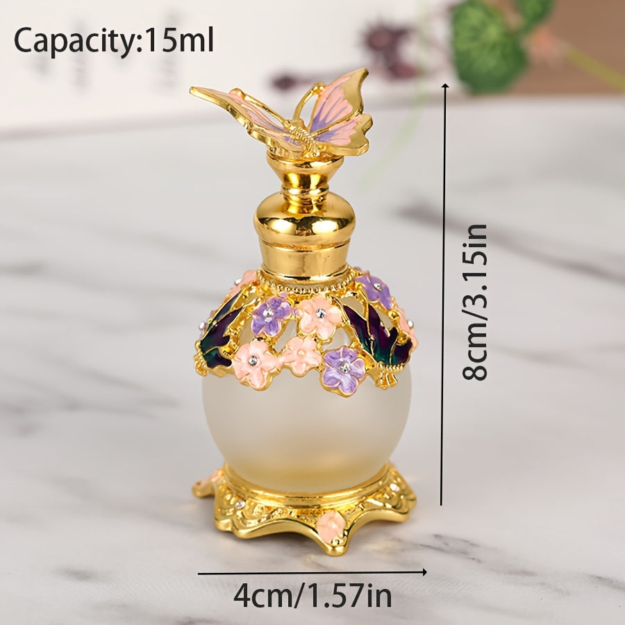 Vintage style glass perfume bottle dimensions and capacity details.