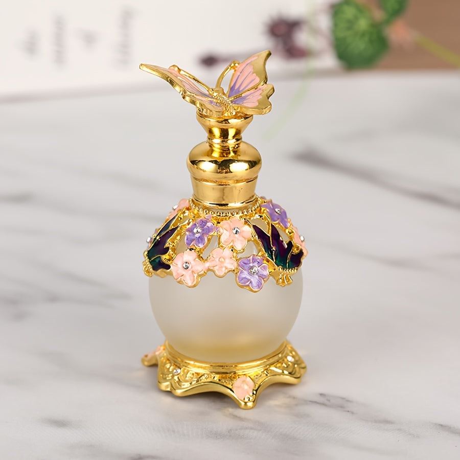 Pink Vintage style glass perfume bottle with butterfly stopper on vanity
