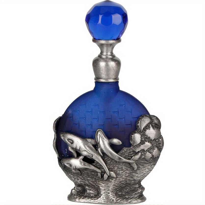 Vintage style blue glass perfume bottle with dolphin base front view