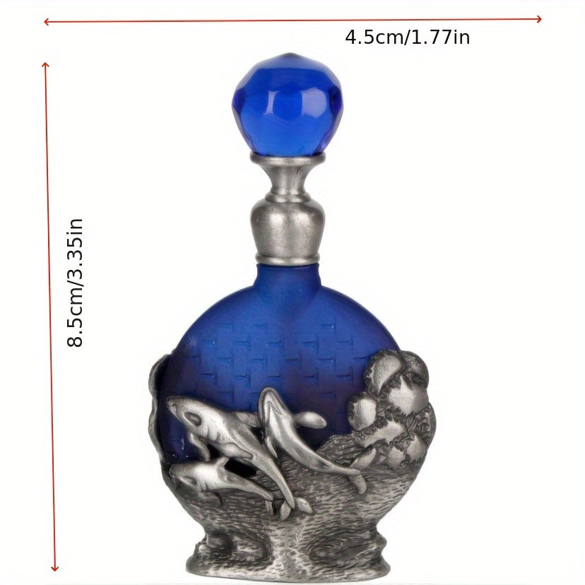 Vintage style glass perfume bottle with dolphin design and blue glass body dimensions on a white background. 