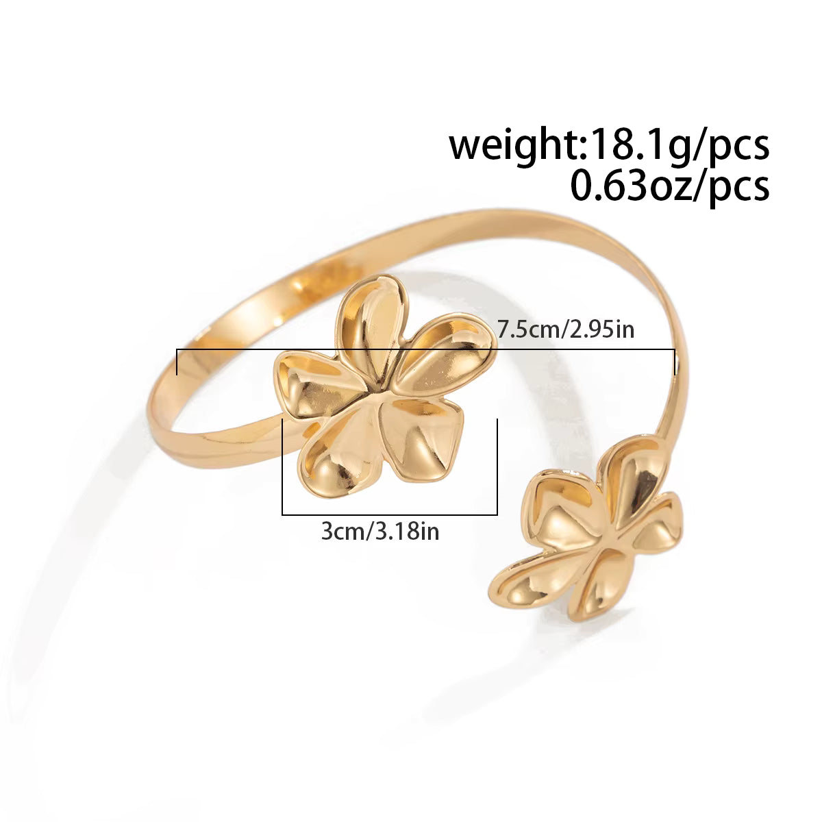 Gold bracelet with flower designs and measurements on a white background