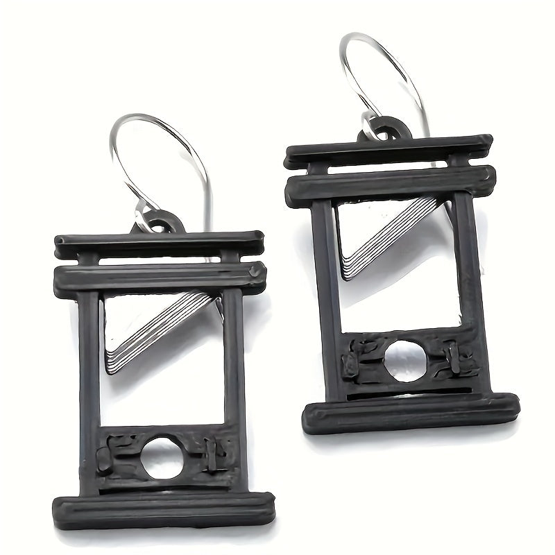 Vintage-style gothic guillotine pendant earrings with black alloy design and steel ear hooks