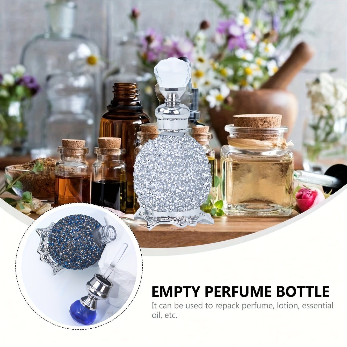 Vintage style rhinestone glass perfume bottle styled with classic essential oil decor