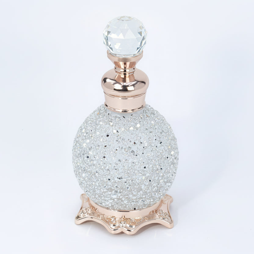 15ml Vintage style rhinestone glass perfume bottle with crystal style stopper and decorative base on a white background
