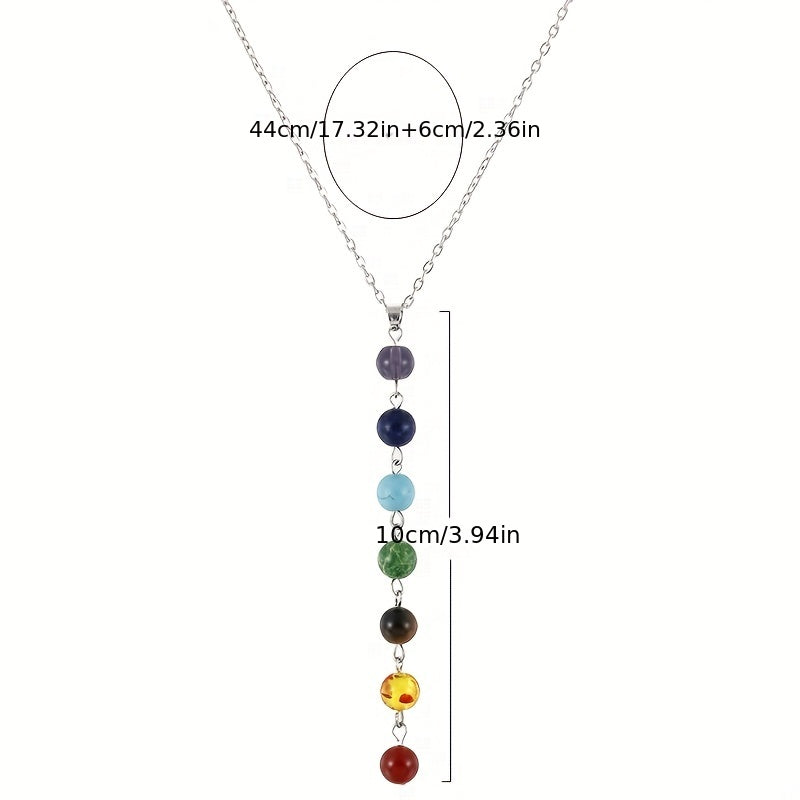 Vintage-Style Stone Bead Pendant Necklace with measurements on a white background