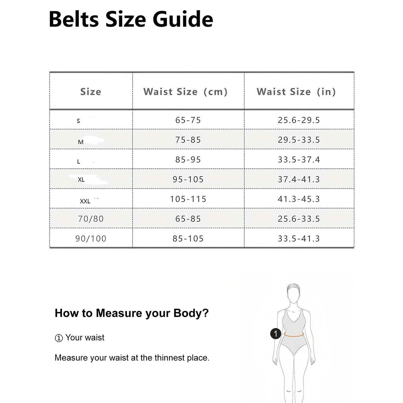 Belt size guide with waist measurements in centimeters and inches, and a diagram of how to measure waist size.