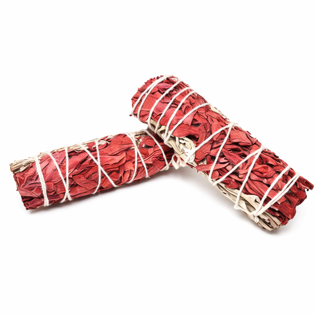 Two bundles of red sage tied with white string on a white background - Clover's Charm