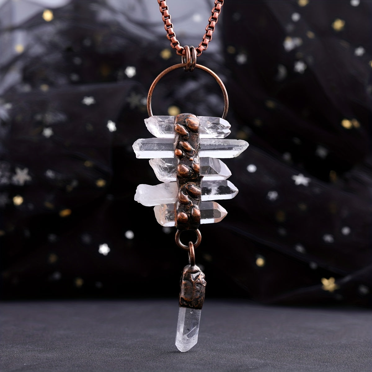 White Quartz Crystal Pendant Necklace Irregular Six-Stone Tassel Design closeup