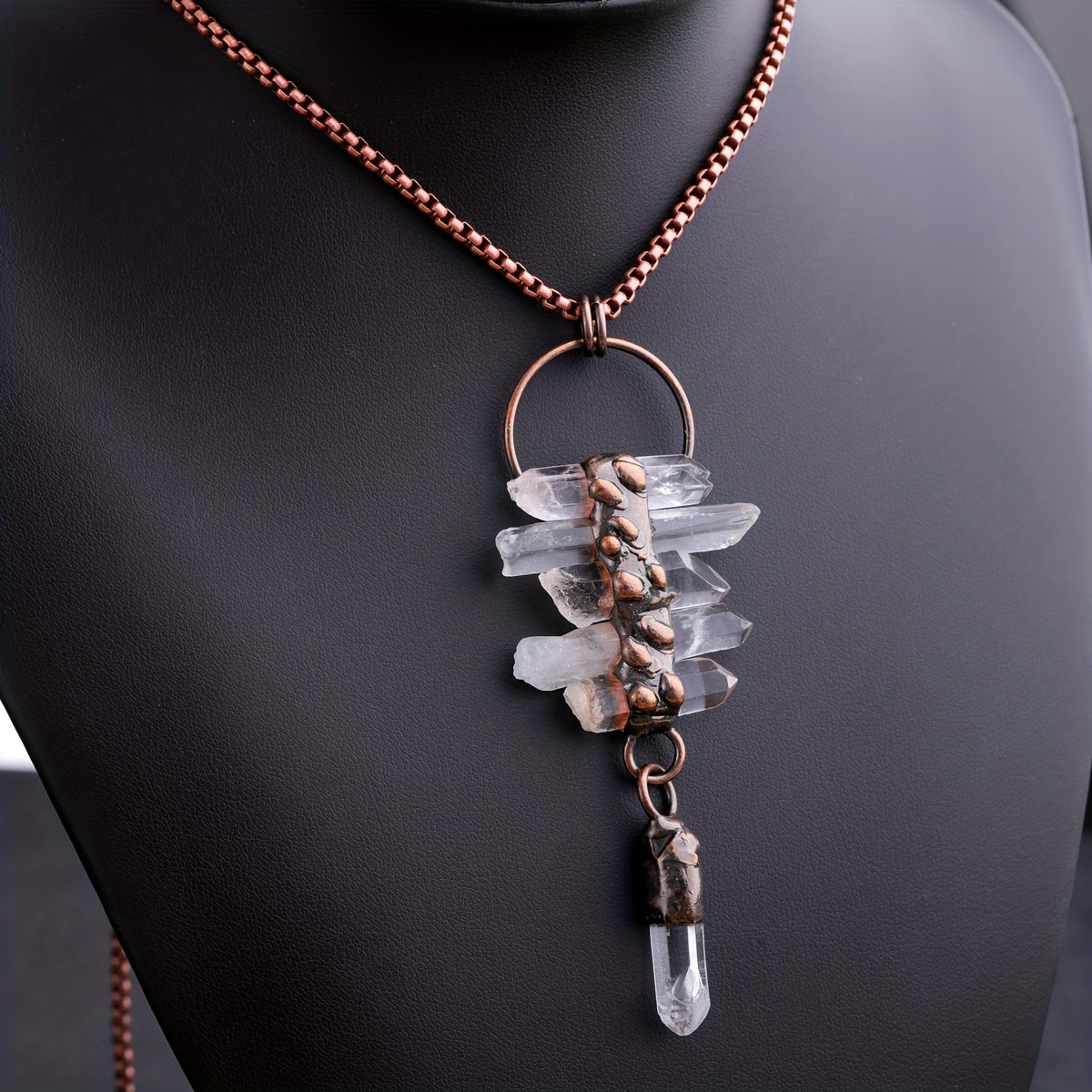 White Quartz Crystal Pendant Necklace Irregular Six-Stone Tassel Design on display