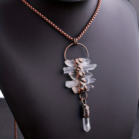 White Quartz Crystal Pendant Necklace Irregular Six-Stone Tassel Design on display