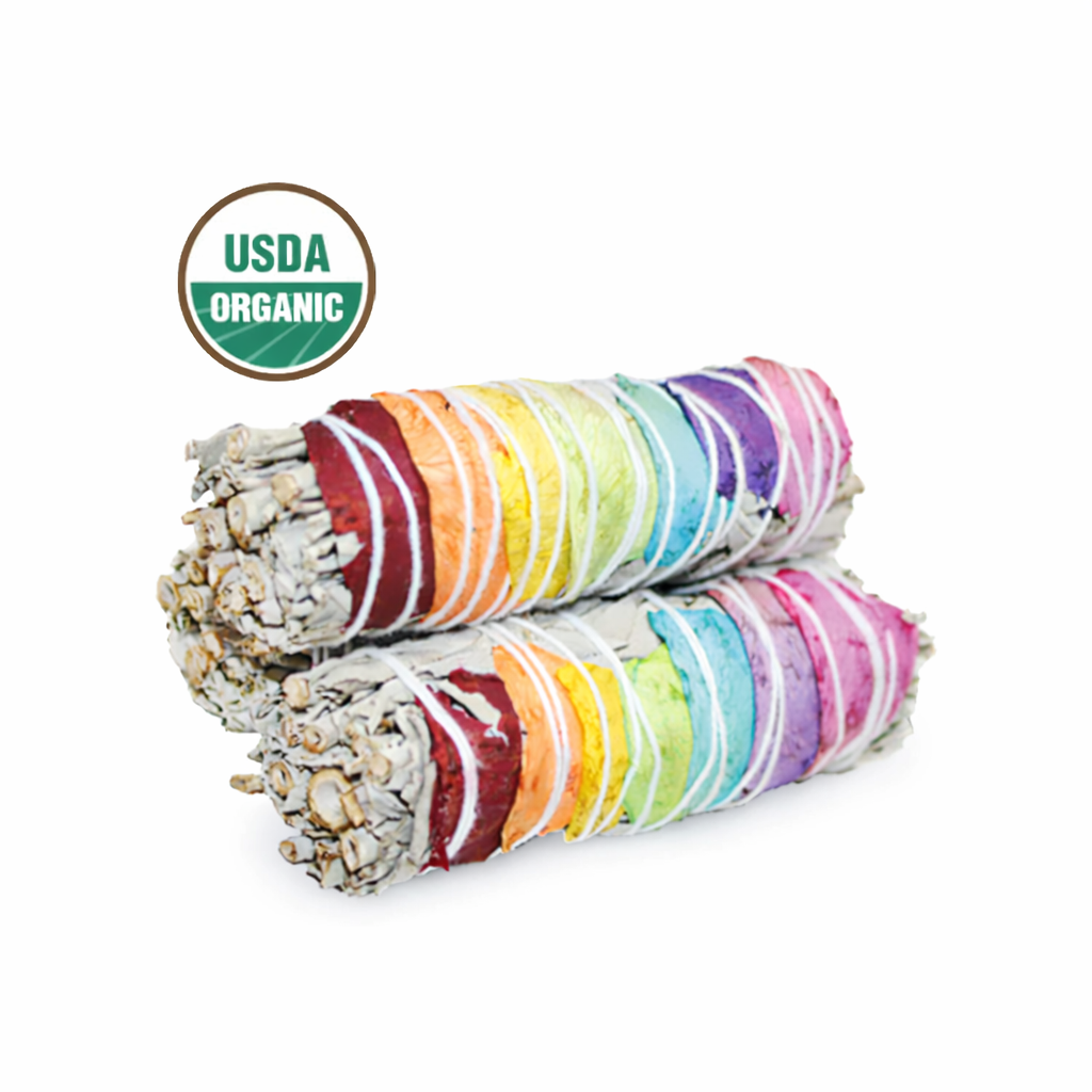Three colorful rolled sage bundles with USDA Organic label on a white background - Clover's Charm