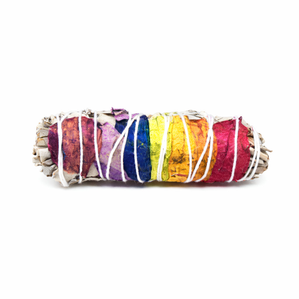 Colorful sage smudge stick with rainbow pattern on a white background 
- Clover's Charm