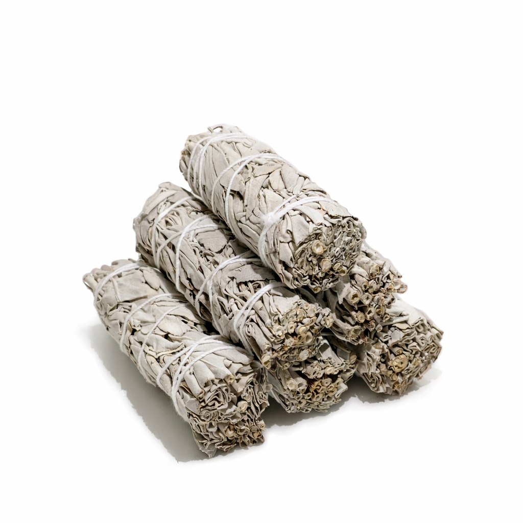 Stack of white sage smudge sticks on a white background - Clover's Charm