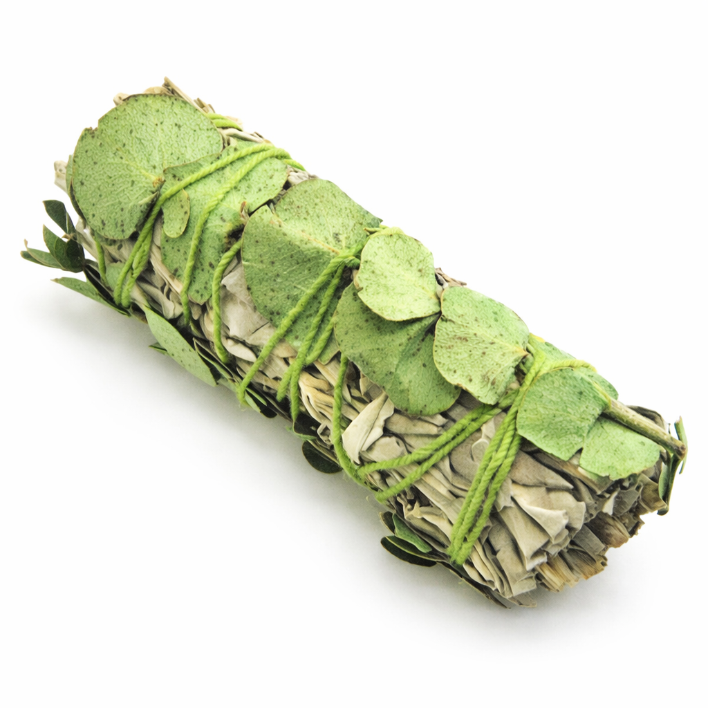 Rolled sage bundle tied with green twine on a white background - Clover's Charm