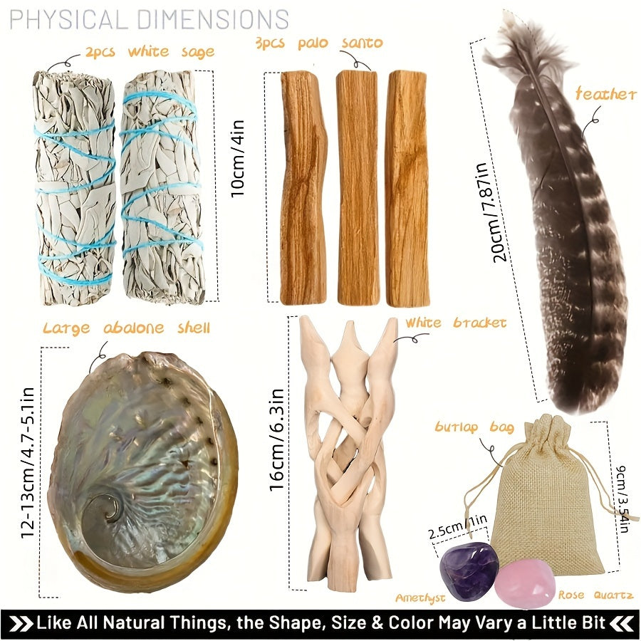 White sage bundles, holy wood sticks, abalone shell, and decor accessories display