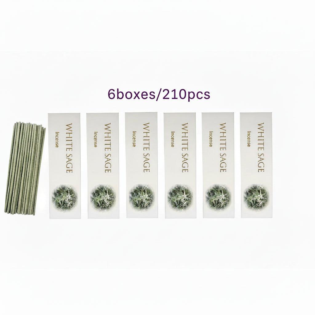 Six boxes of white sage incense in a row on a white background, with a stack of incense on the far left on display. Above the display says 6boxes/210pcs in purple