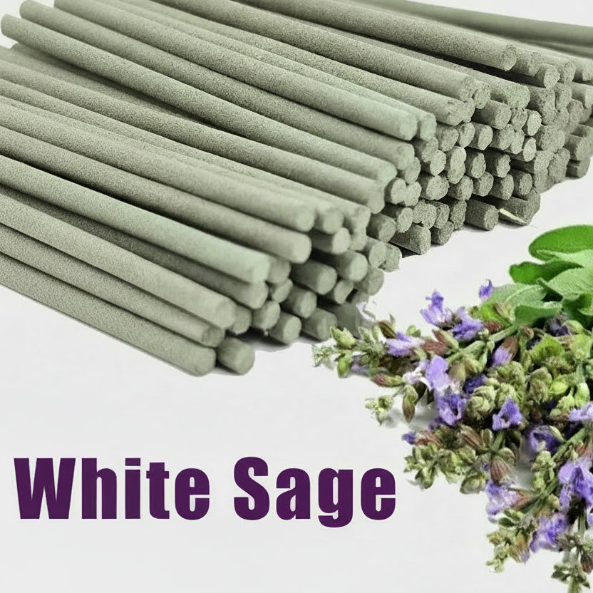White sage incense sticks with a small bundle of white sage leaves and flowers on a light background.