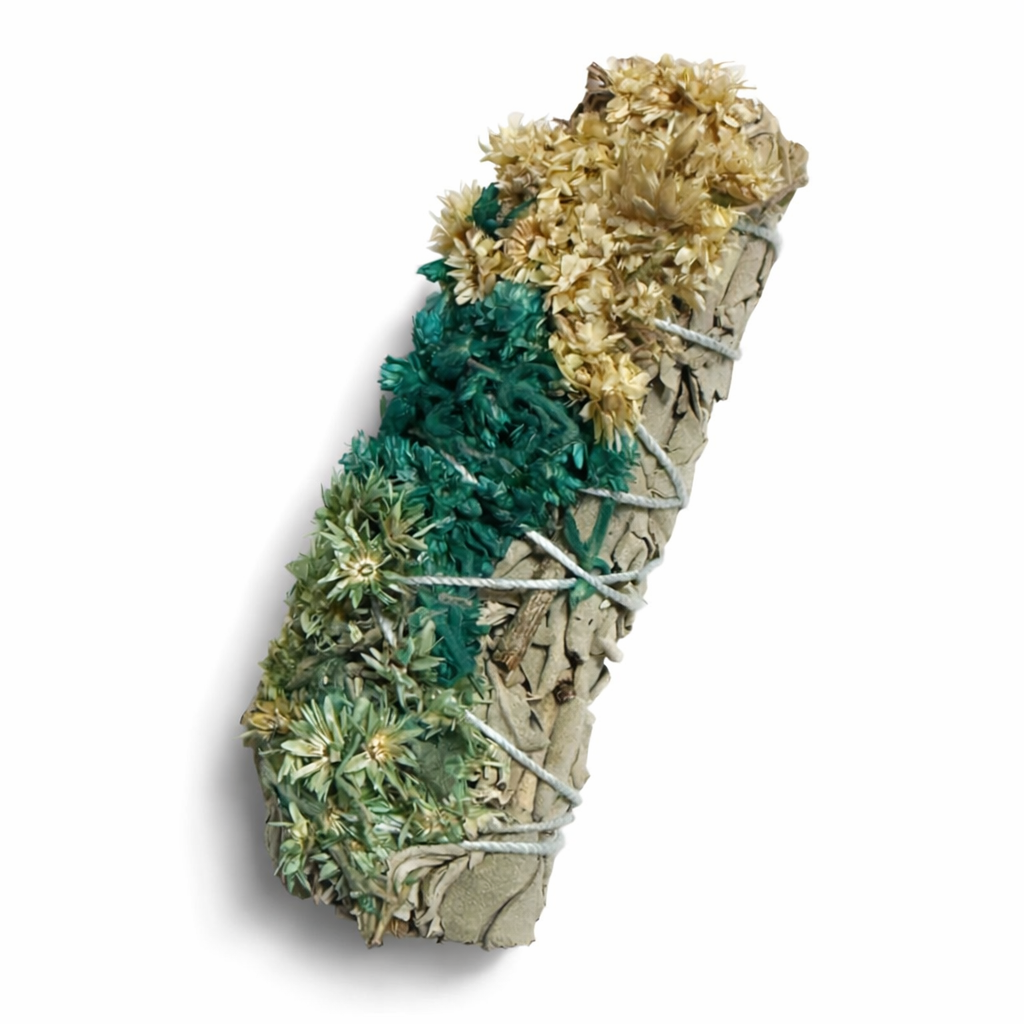 Bamboo incense stick with green and gold leaves on a white background 
- Clover's Charm